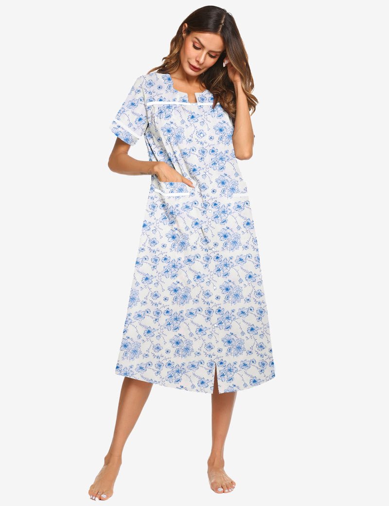Cotton snap-front nightgown dress, blue floral print, short sleeves, knee length