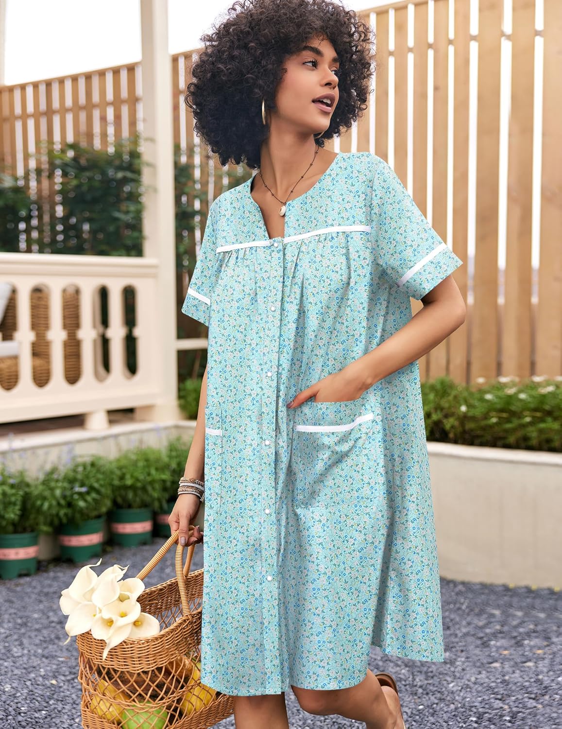 Light aqua cotton snap-front house dress with chest placket and side pockets