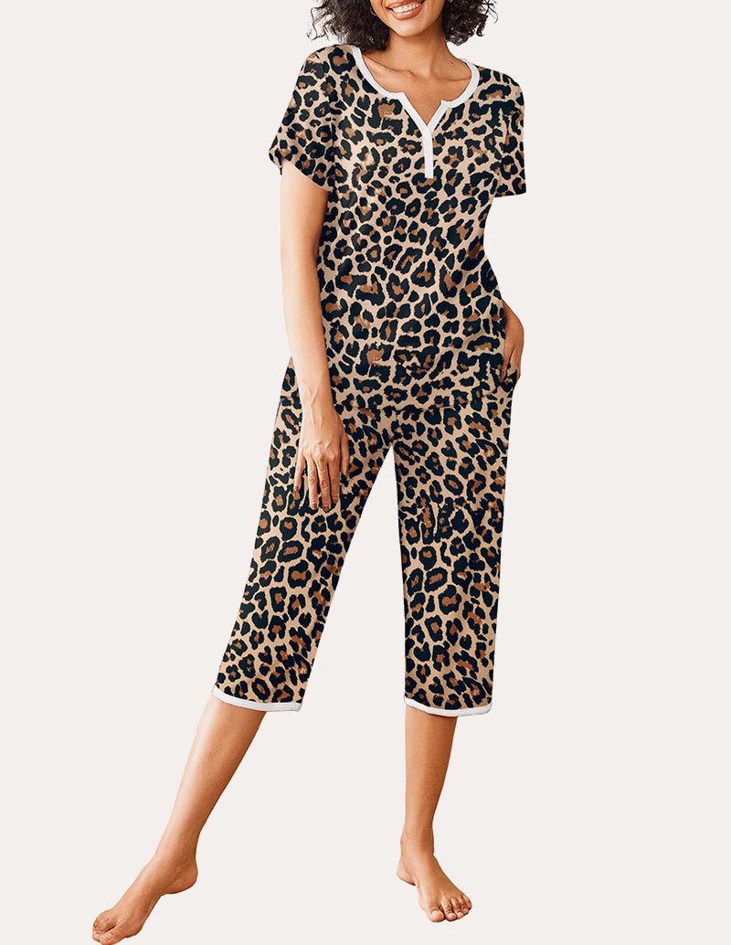 Brown leopard printed pajama set, short-sleeve henley top and cropped capri pants