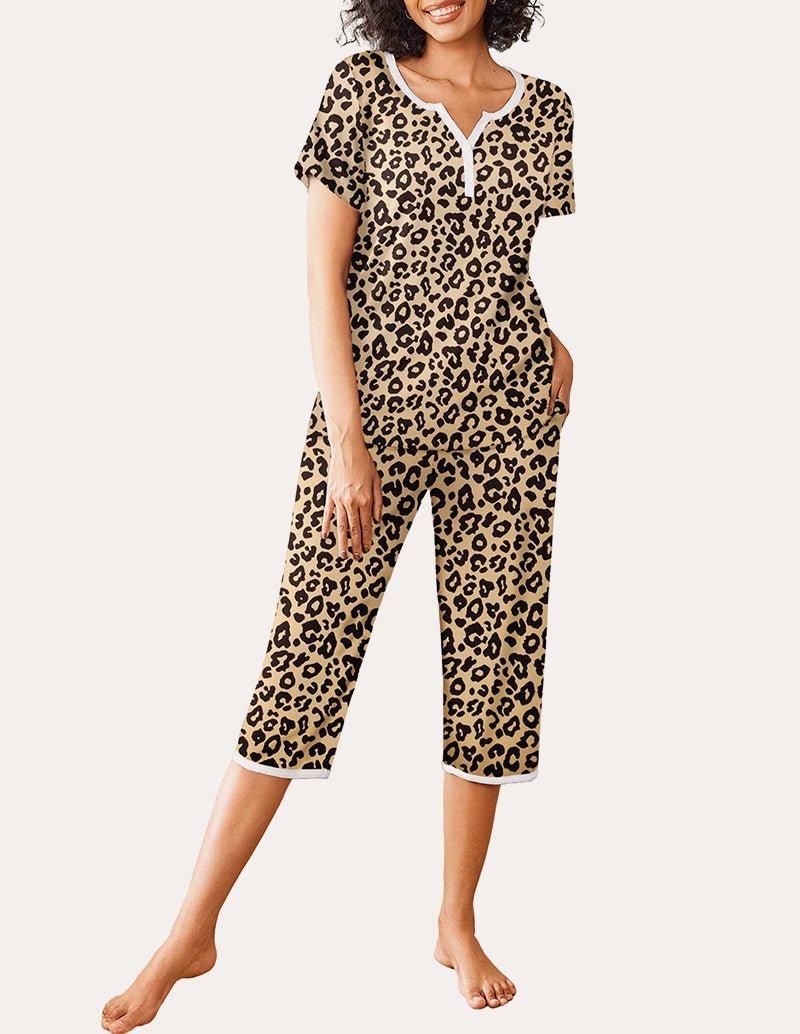 Tan leopard printed pajama set, short-sleeve henley top and cropped capri pants