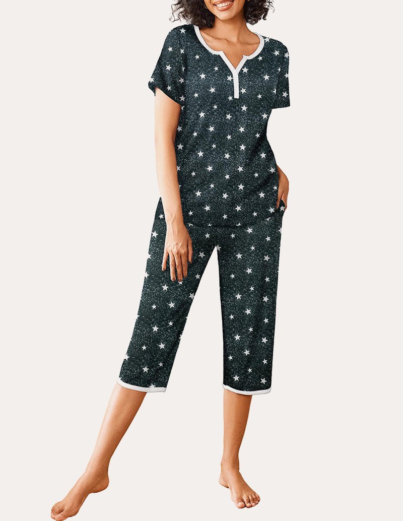 Black star printed pajama set, short-sleeve henley top and cropped capri pants