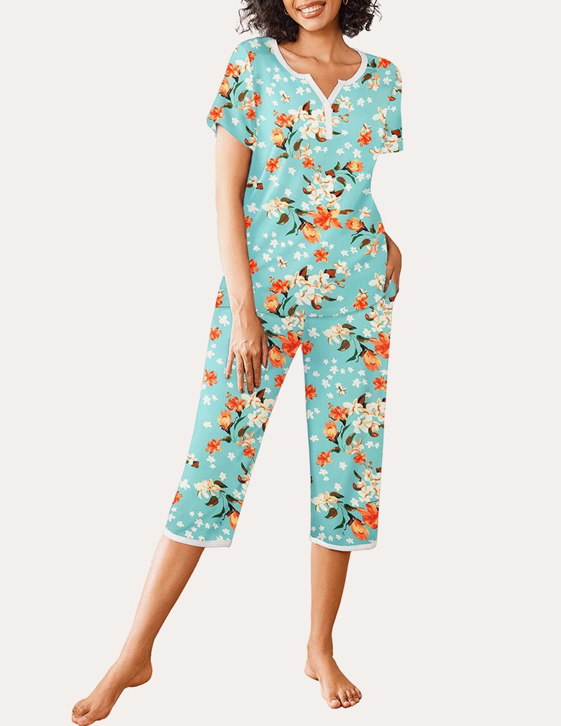 Teal floral printed pajama set, short-sleeve henley top and cropped capri pants
