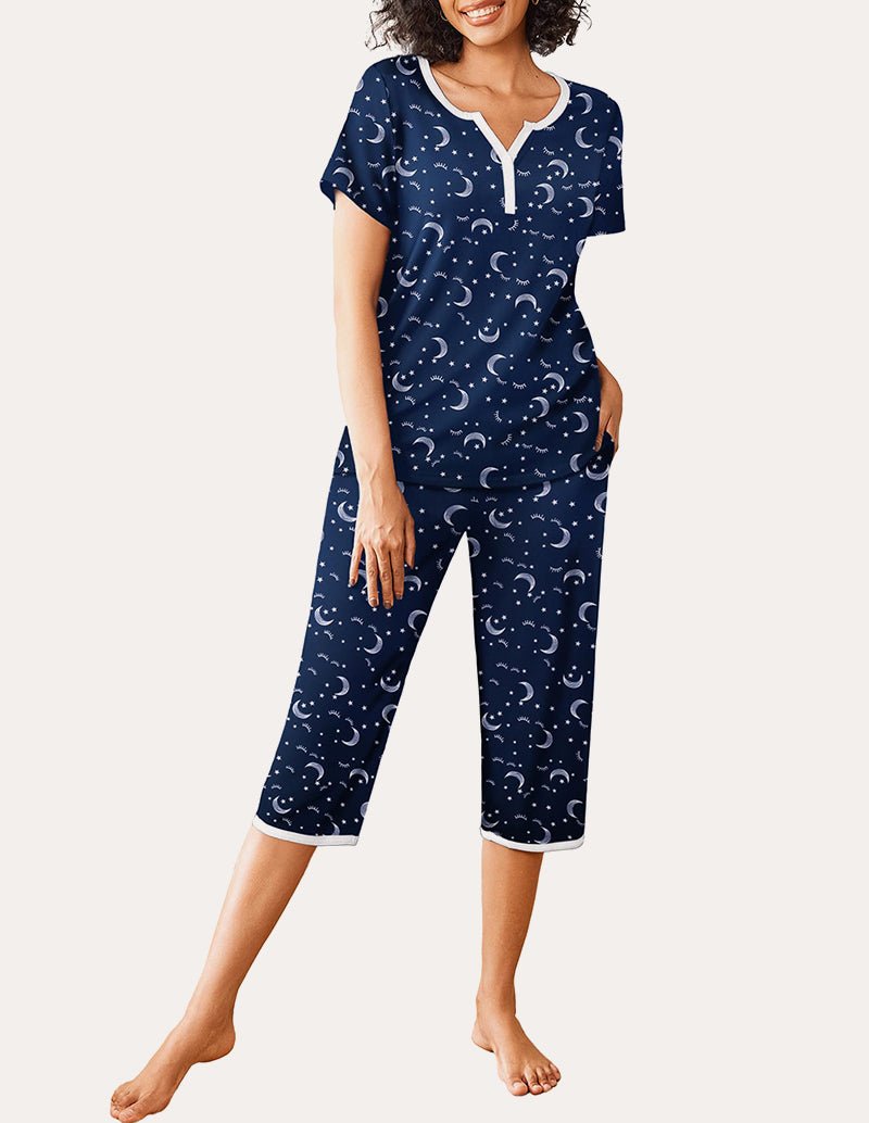 Navy moon-and-dot printed pajama set, short-sleeve henley top and cropped capri pants