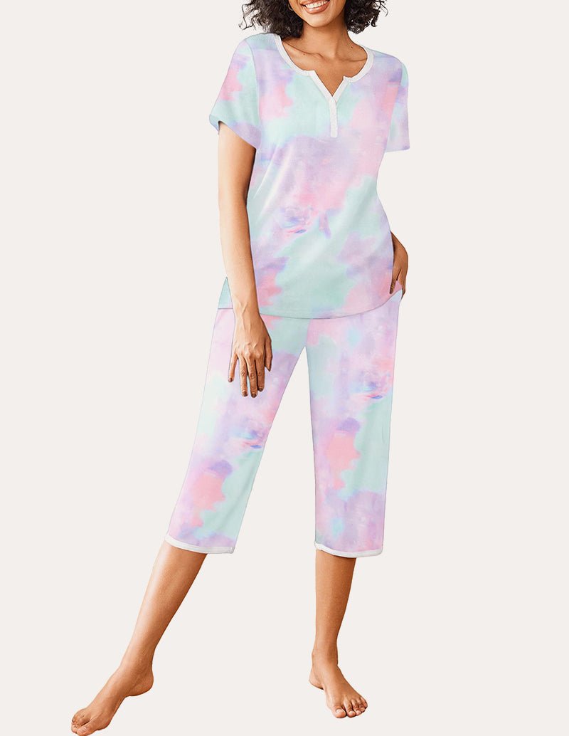 Pastel tie-dye printed pajama set, short-sleeve henley top and cropped capri pants