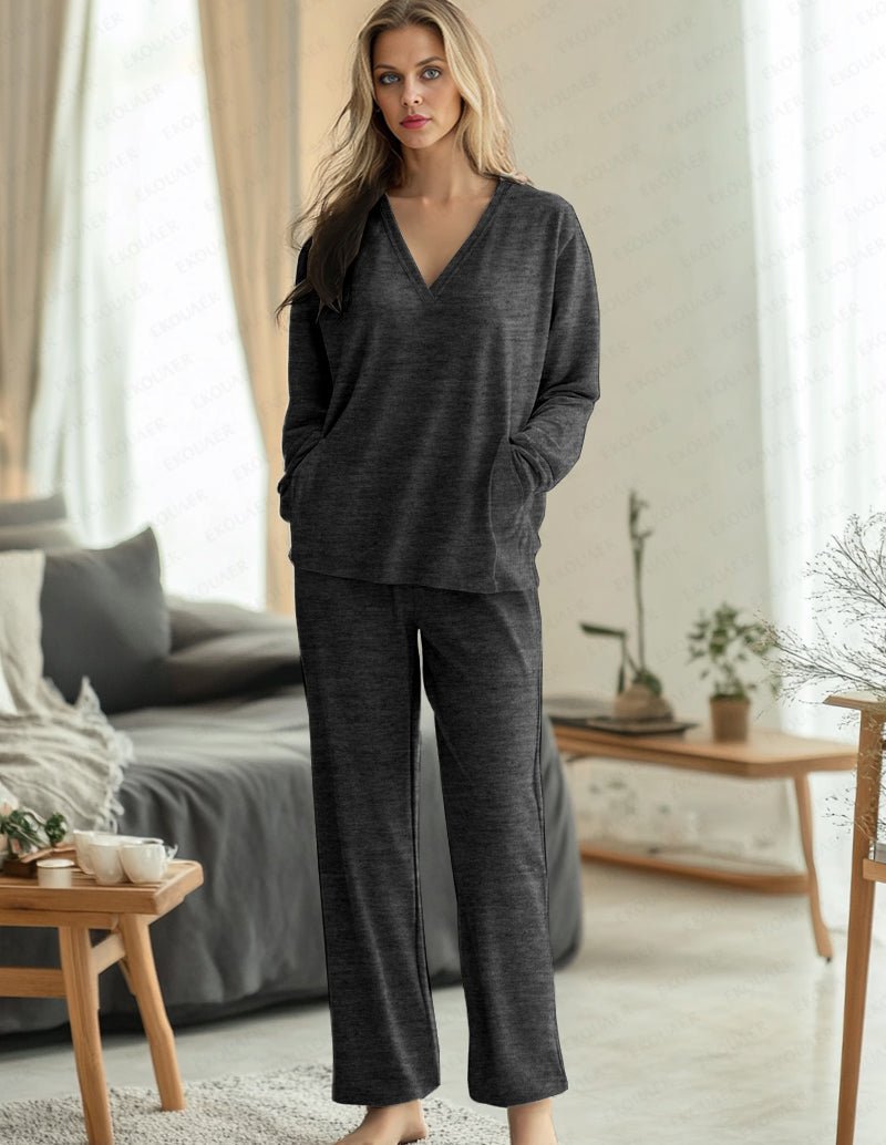 Dark grey pajama set with V-neck long-sleeve top and relaxed straight-leg pants