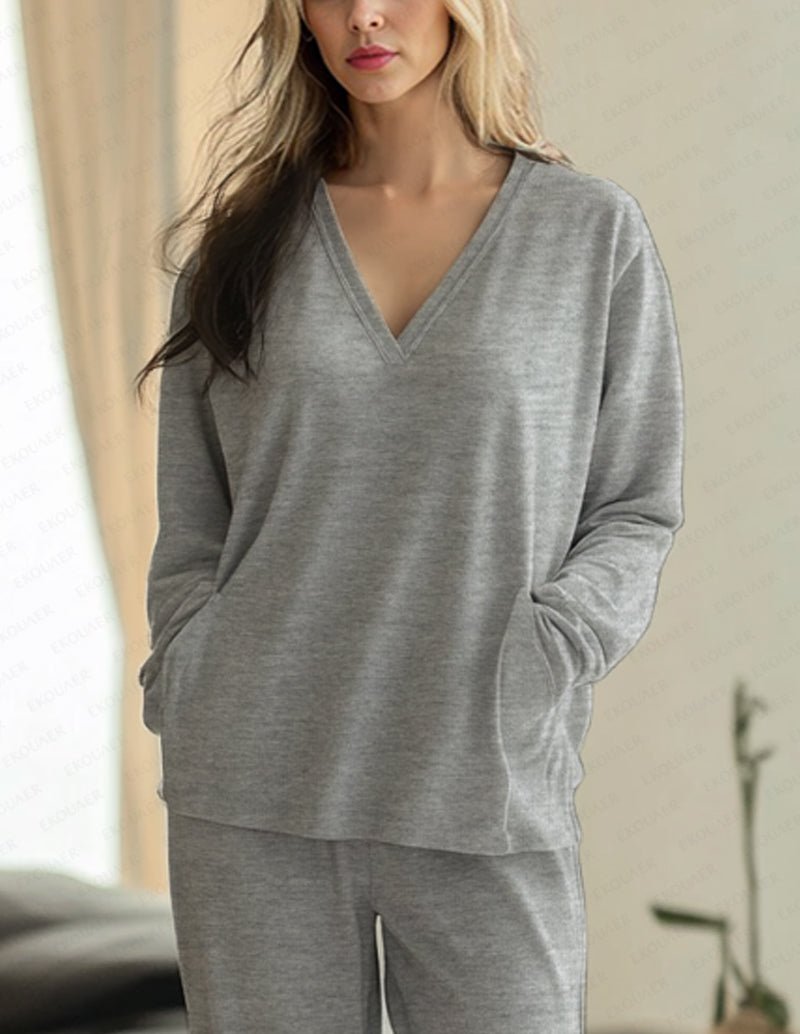 Light grey V-neck long-sleeve pajama top with cuffed sleeves and straight hem