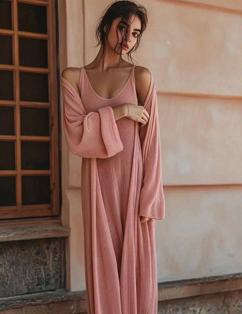 Pink spaghetti-strap maxi lounge dress with draped matching wrap sleeve