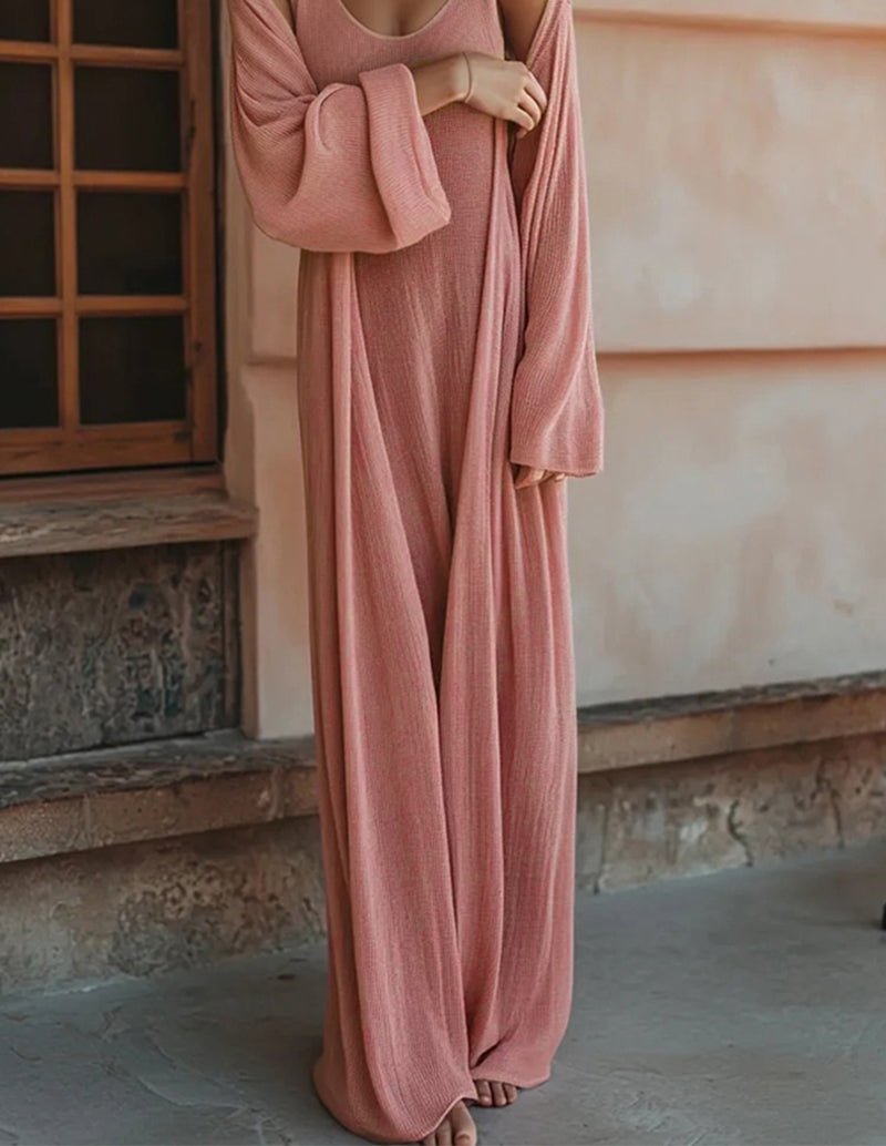 Pink spaghetti-strap maxi lounge dress with matching draped wrap and long sleeves