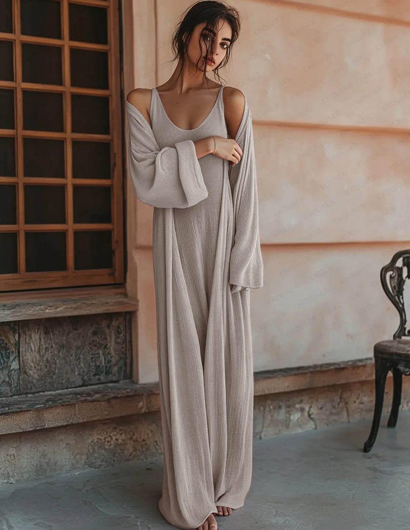 Light gray draped lounge set with spaghetti-strap maxi dress and matching wrap over arms