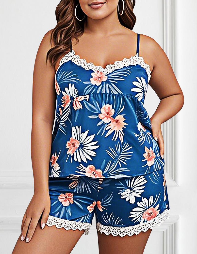 Floral cami pajama set, blue with white lace trim and bow neckline
