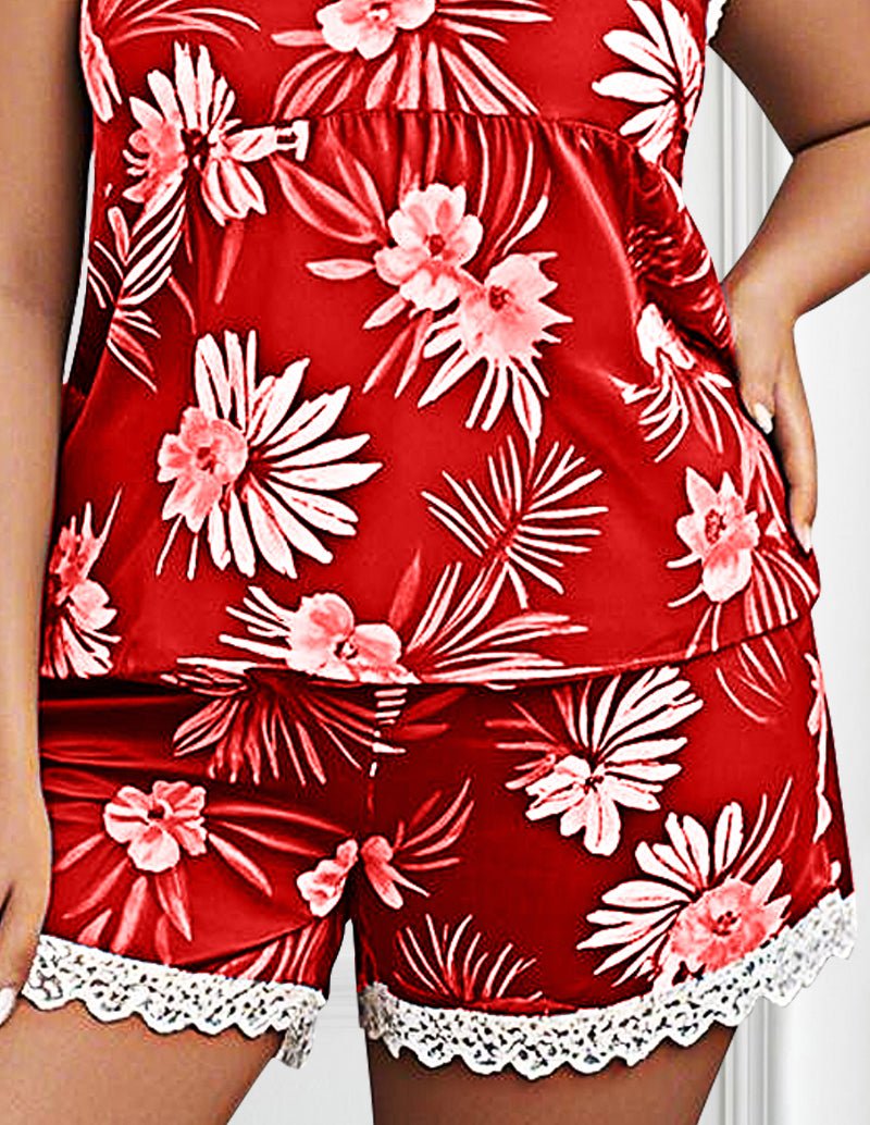 Floral cami pajama set shorts, red floral print with white lace hem