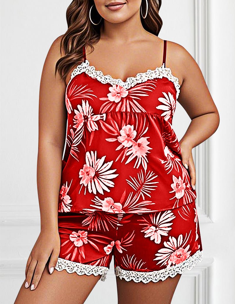 Floral cami pajama set, red with white lace trim and bow neckline