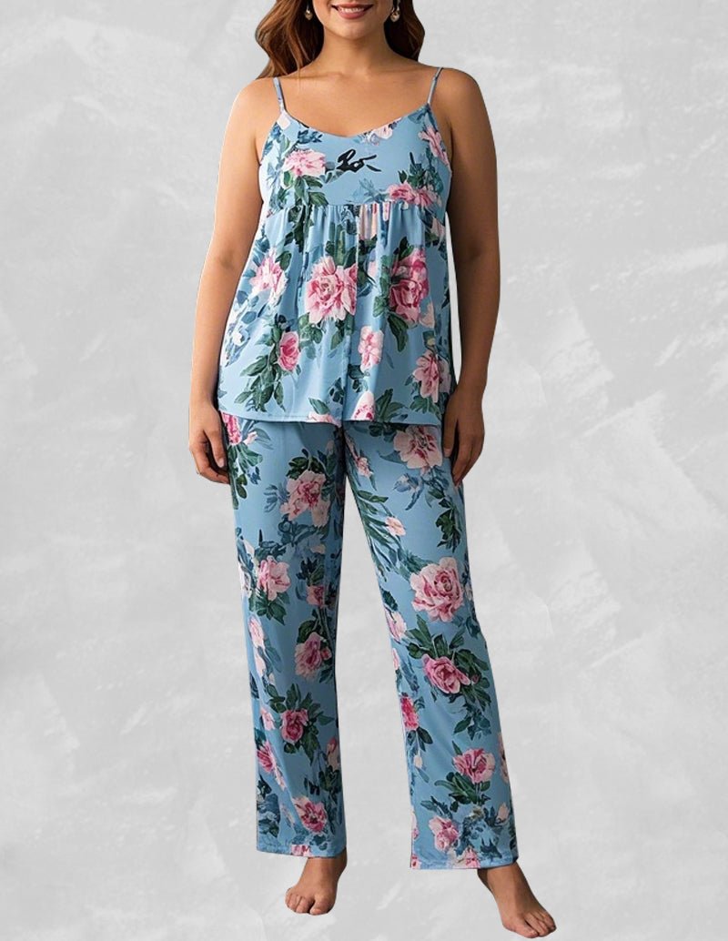 Blue floral sleeveless pajama set with camisole top and wide-leg pants
