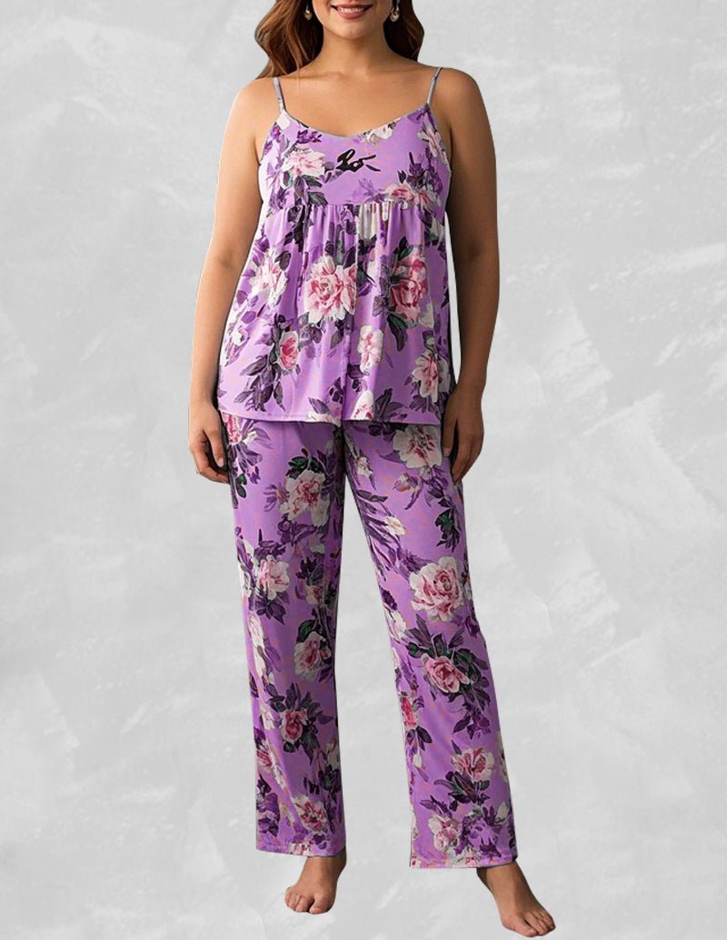 Purple floral sleeveless pajama set with camisole top and wide-leg pants