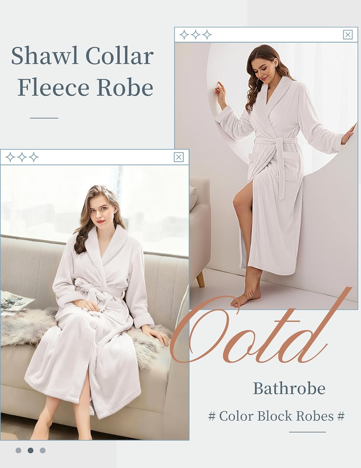 White fleece shawl-collar robe with tied belt and long sleeves.