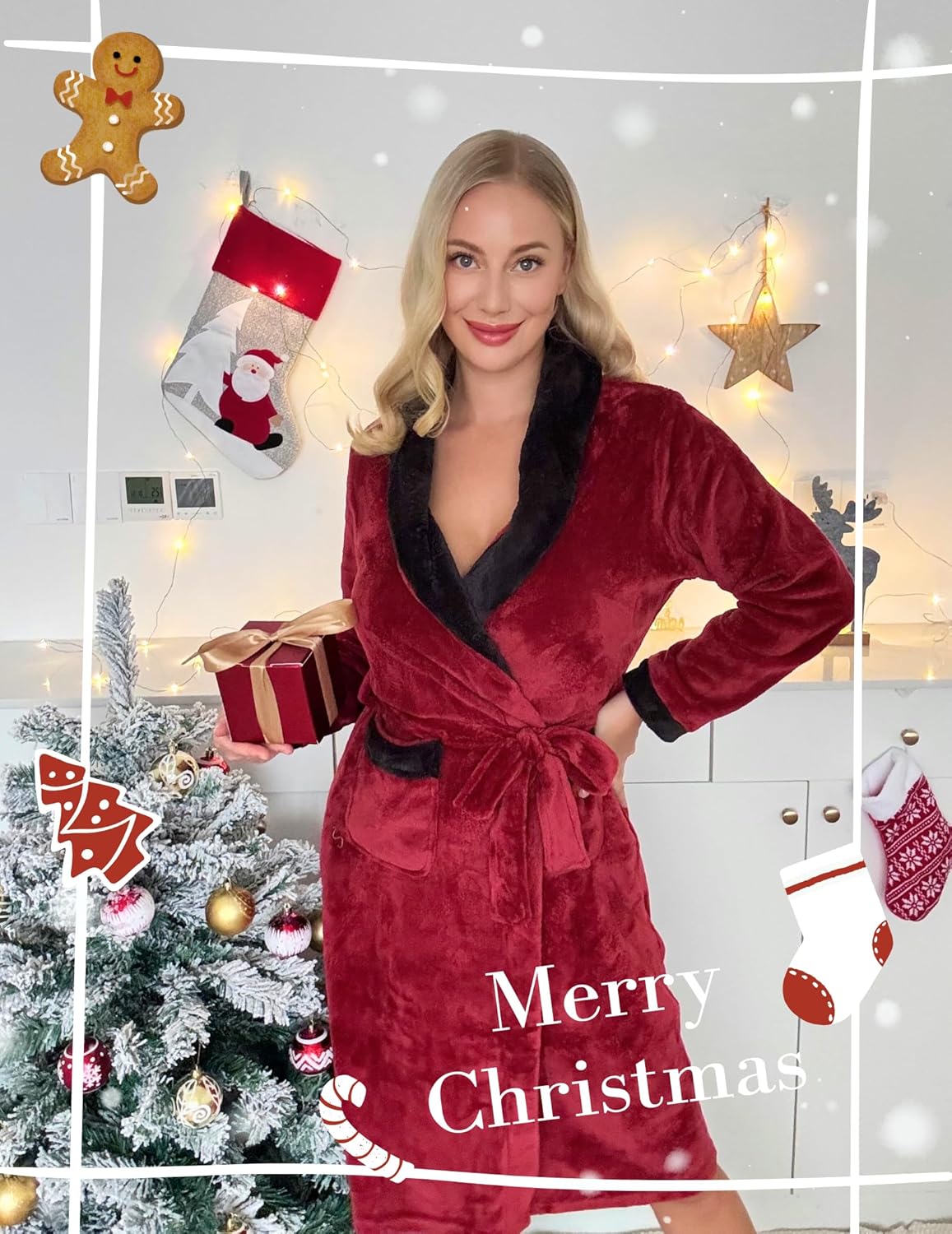 Wine red fleece bathrobe with shawl collar and tied waist belt, long robe.