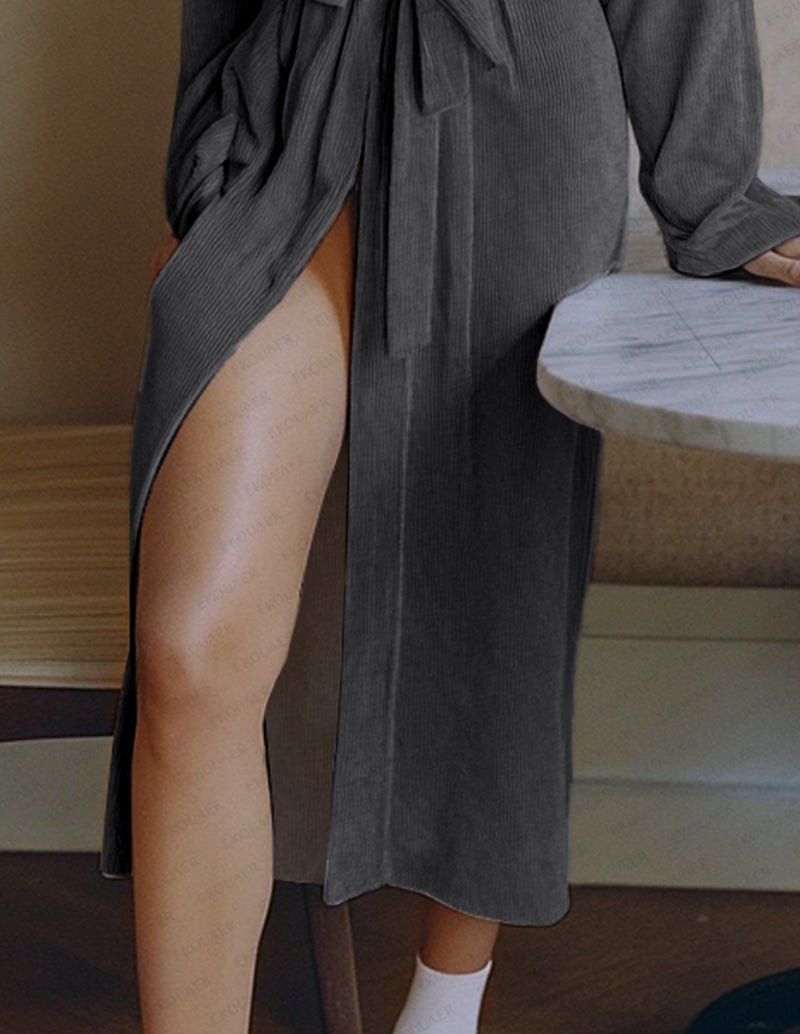 Charcoal grey robe with tie belt, ribbed texture and long sleeves, side slit.