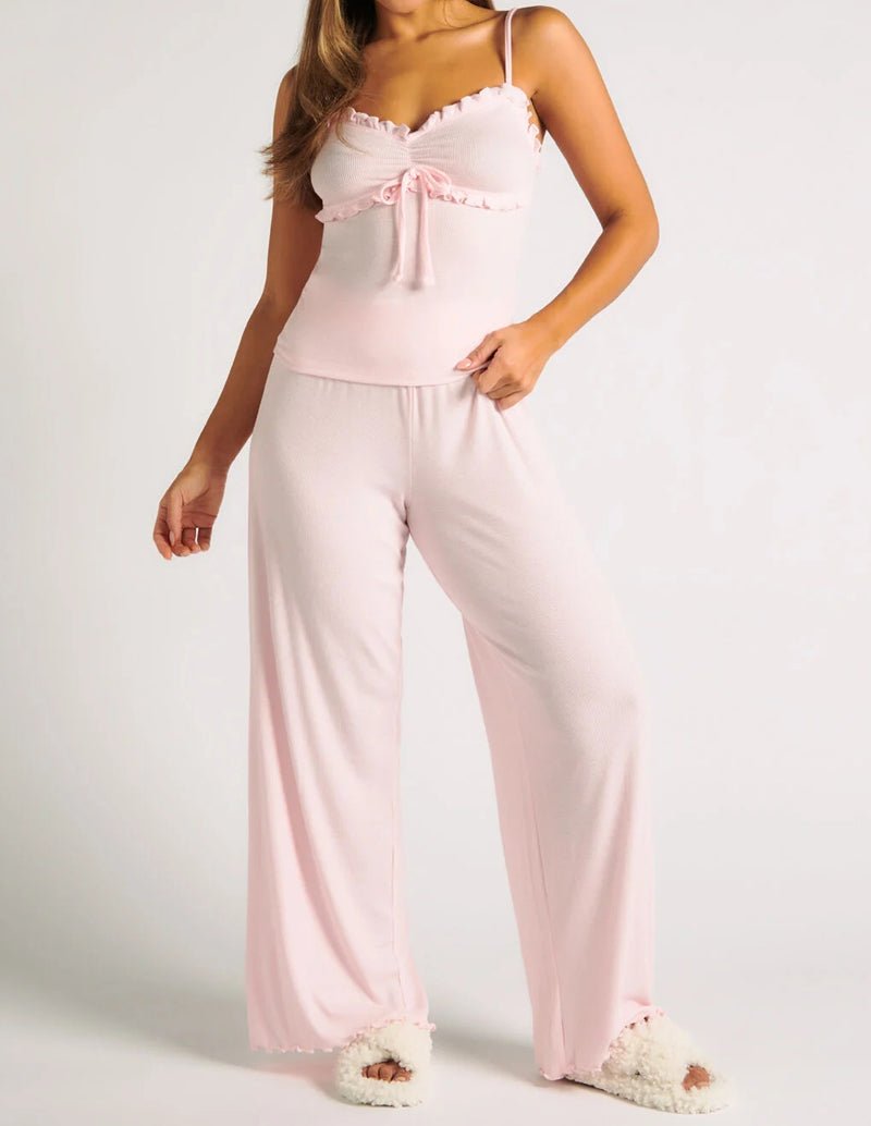Pink ribbed ruffle camisole and wide-leg lounge pants set