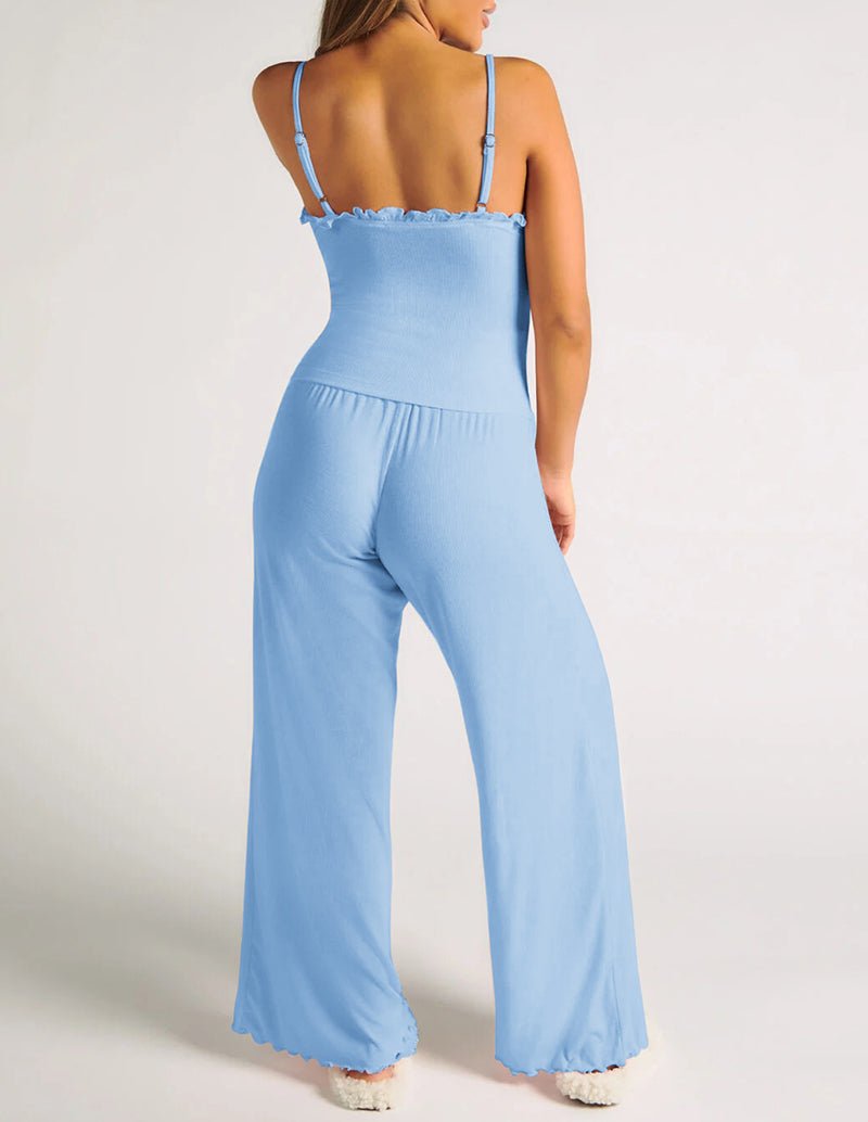 Blue ribbed ruffle camisole and wide-leg lounge pants set, back view
