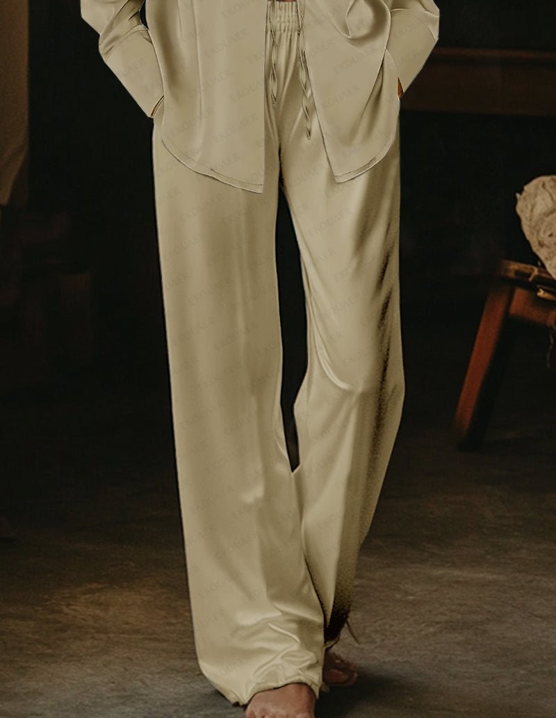 Khaki satin pajama pants with relaxed fit and side slit