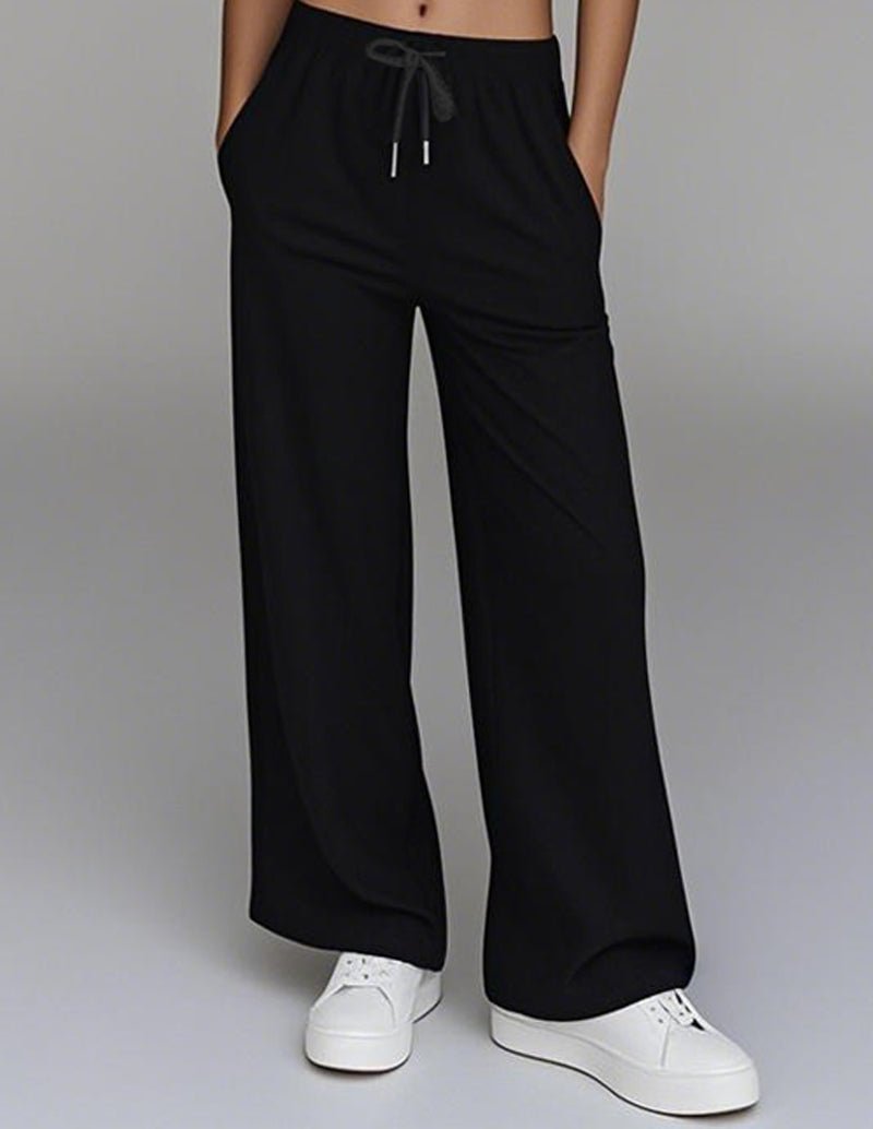 Black wide-leg lounge pants with front drawstring