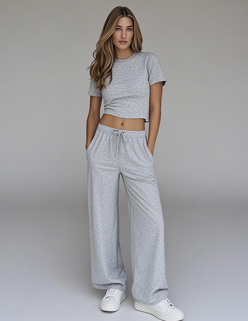 Gray lounge set with cropped T-shirt and wide-leg drawstring pants