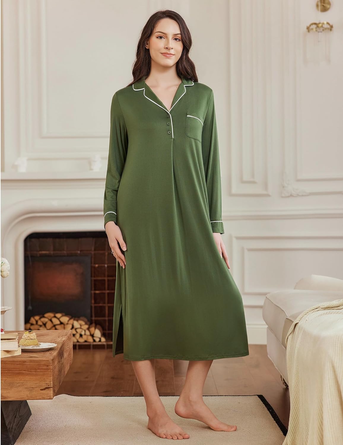 Soft Sleepwear long button V-neck nightgown in dark green, chest pocket and long sleeves