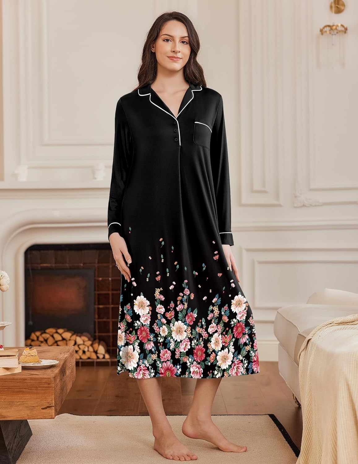 Black long button-front nightgown, V-neck, white piping, floral hem