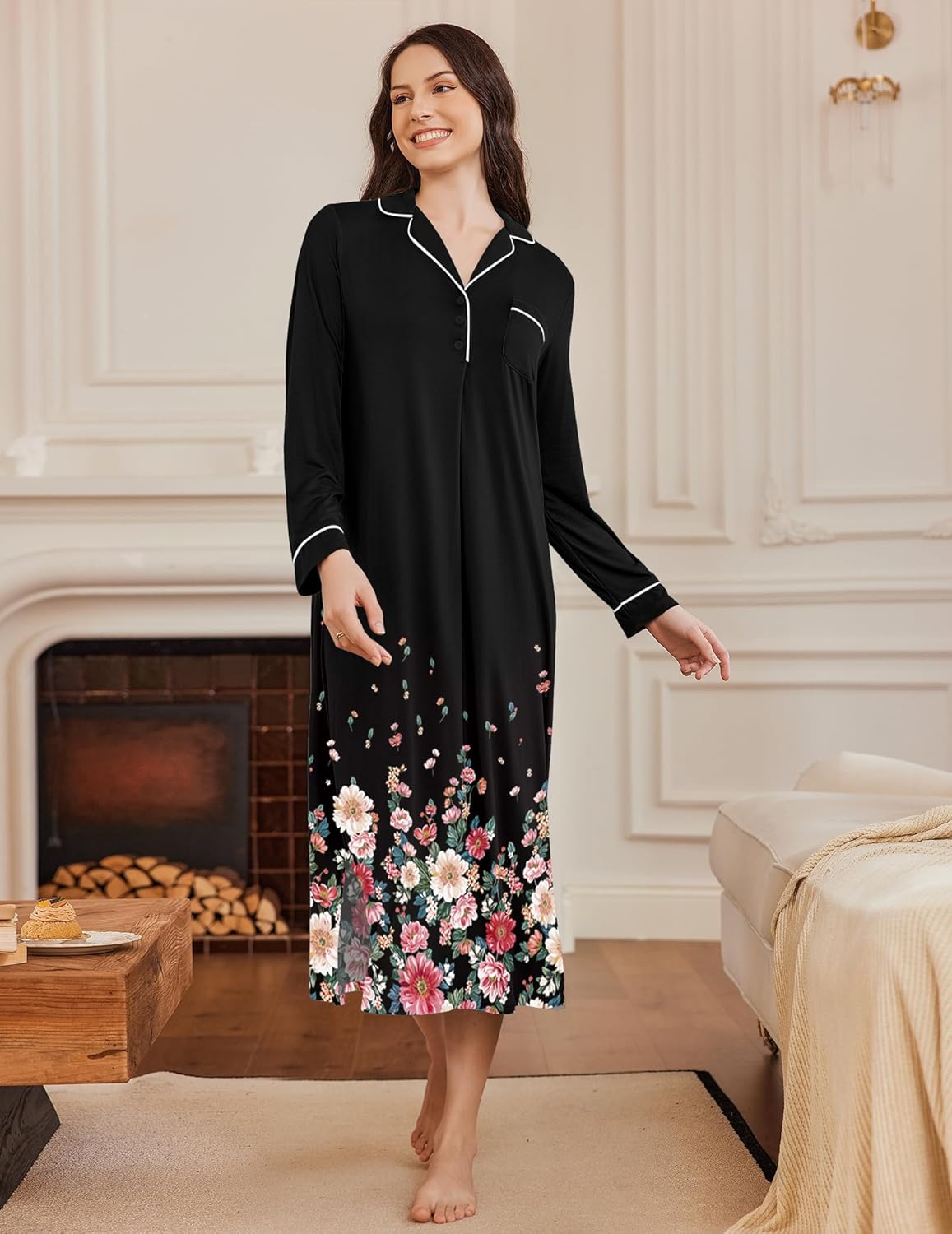 Black long nightgown with contrast piping, button-up V-neck, floral bottom