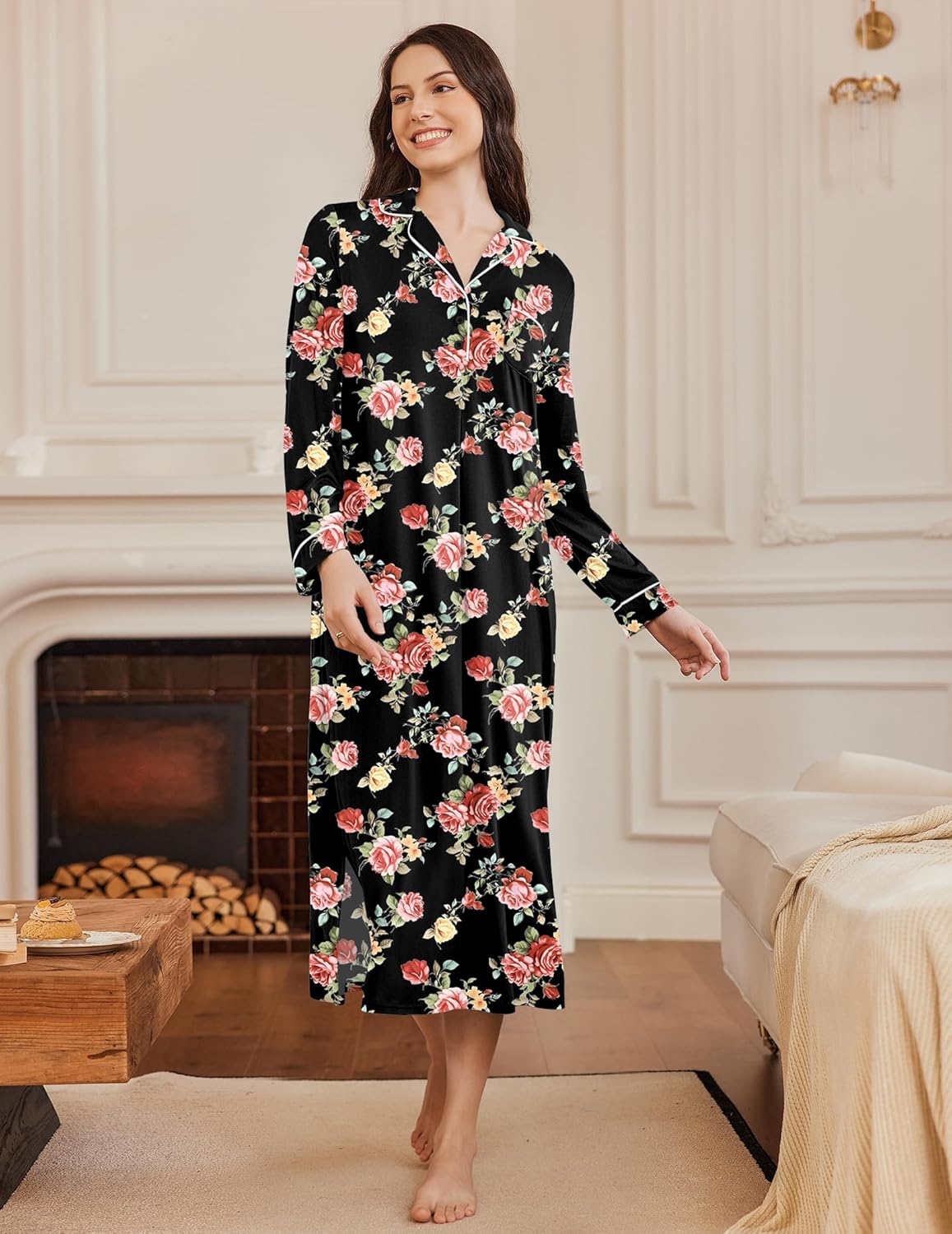 Black floral long nightgown with buttoned V-neck and relaxed fit