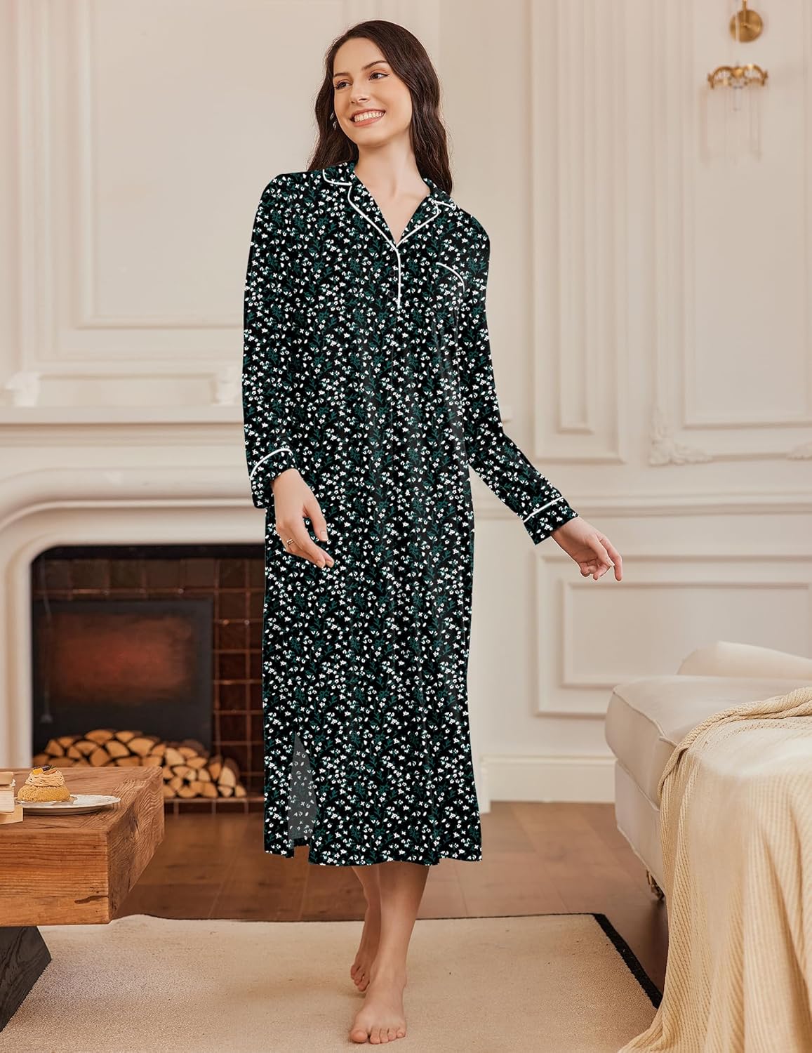 Green micro-floral long nightgown with buttoned V-neck and side view