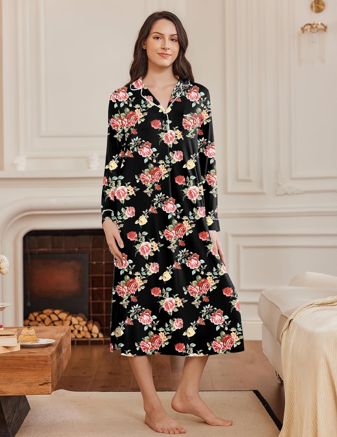 Black floral soft nightgown, button-front V-neck, long sleeves