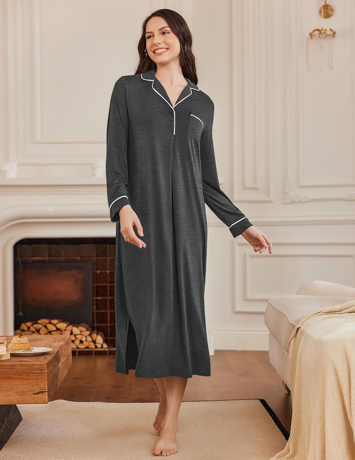 Dark grey long nightgown with button-front V-neck, relaxed silhouette