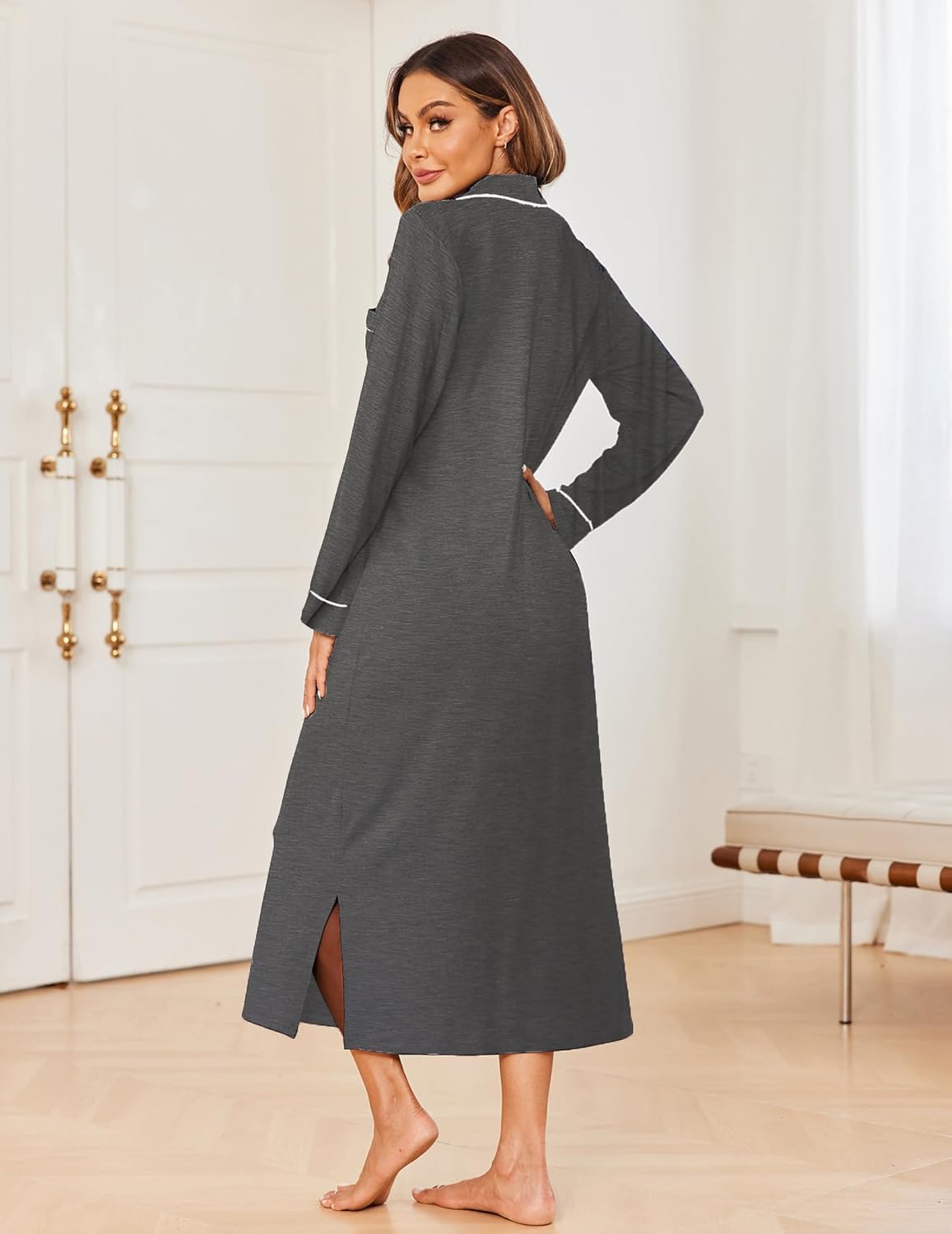 Dark grey button V-neck long nightgown, back view with slit hem