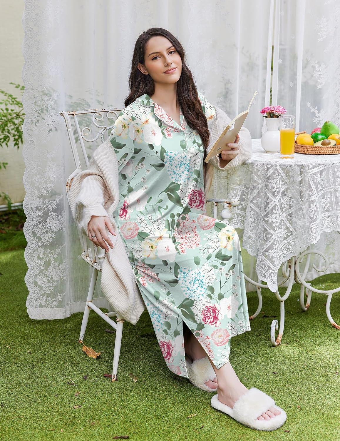Soft Sleepwear long button V-neck nightgown with mint green floral pattern, long sleeves