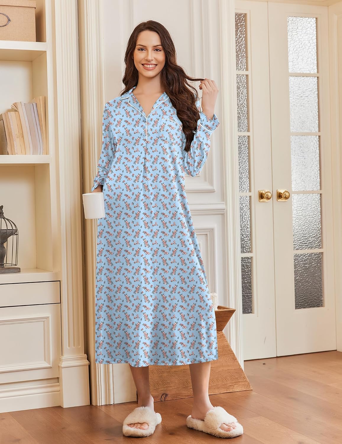 Light blue long button-front nightgown, V-neck, small floral print