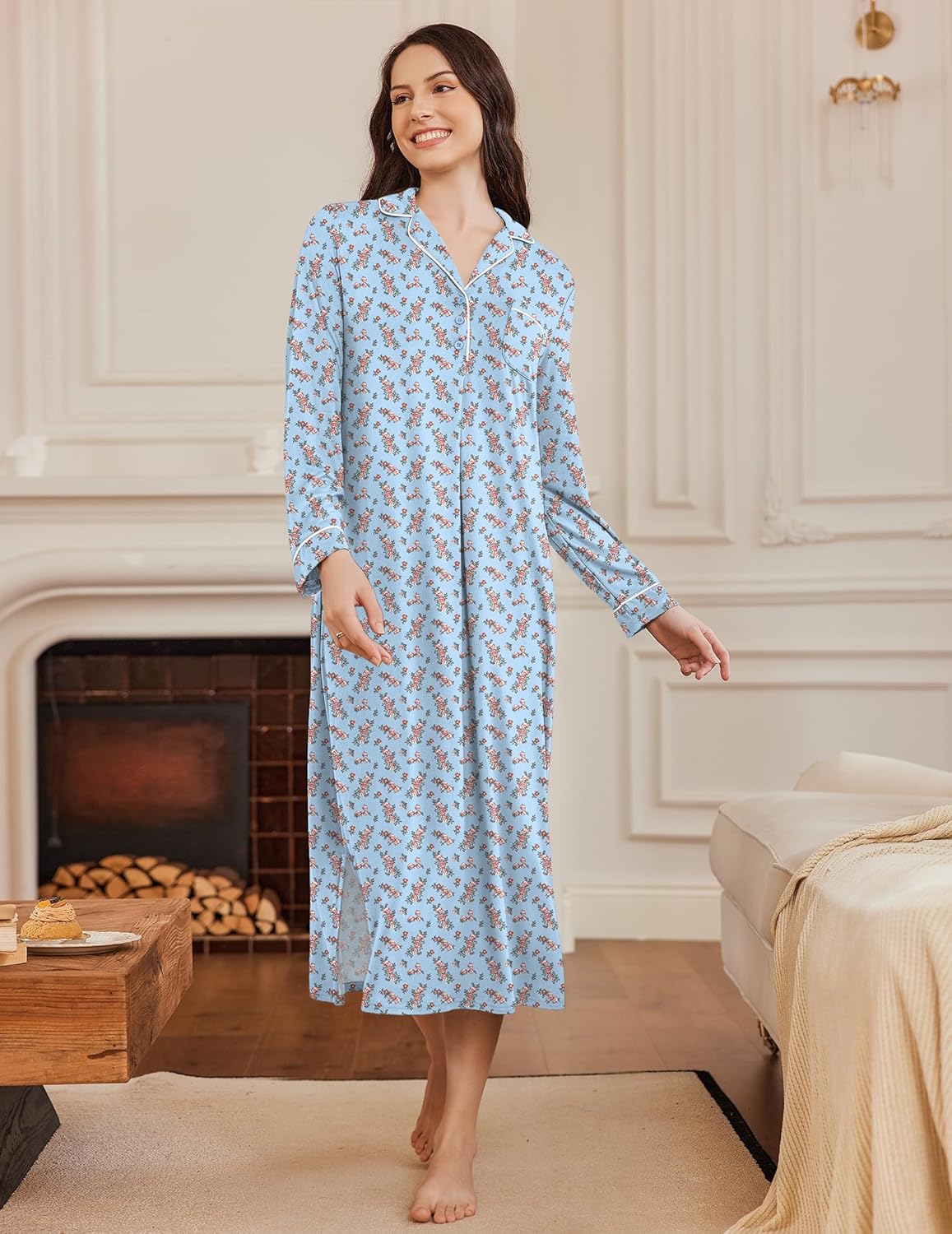 Light blue long nightgown with button placket and V-neck, floral speckle