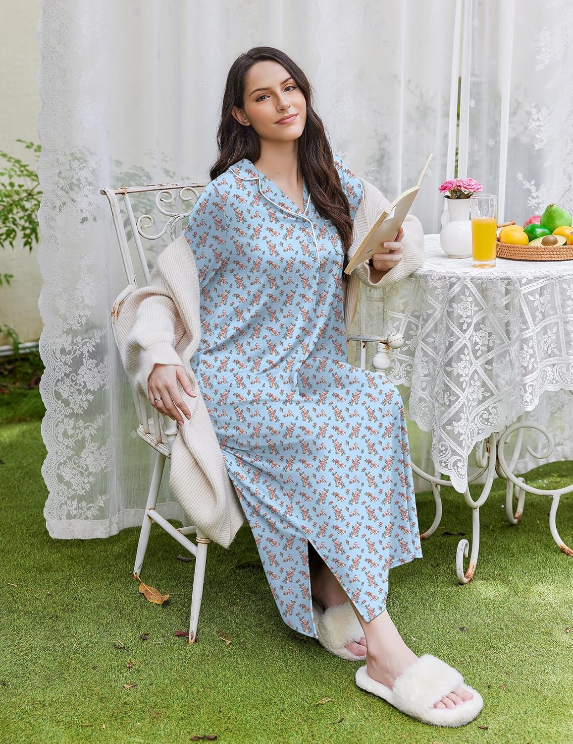 Light blue V-neck button nightgown with long sleeves and floral print