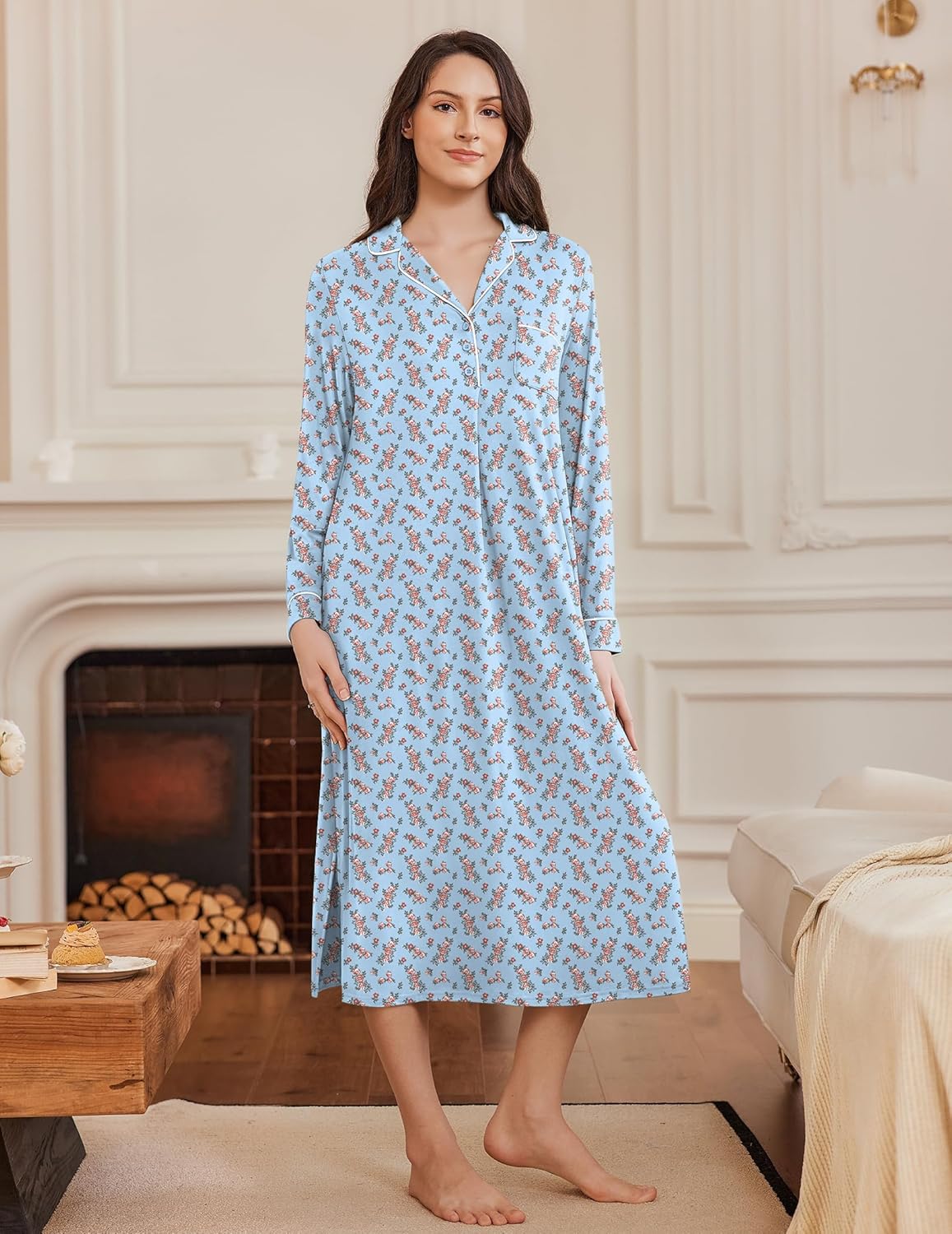 Light blue long button-up nightgown, V-neck, allover tiny floral pattern