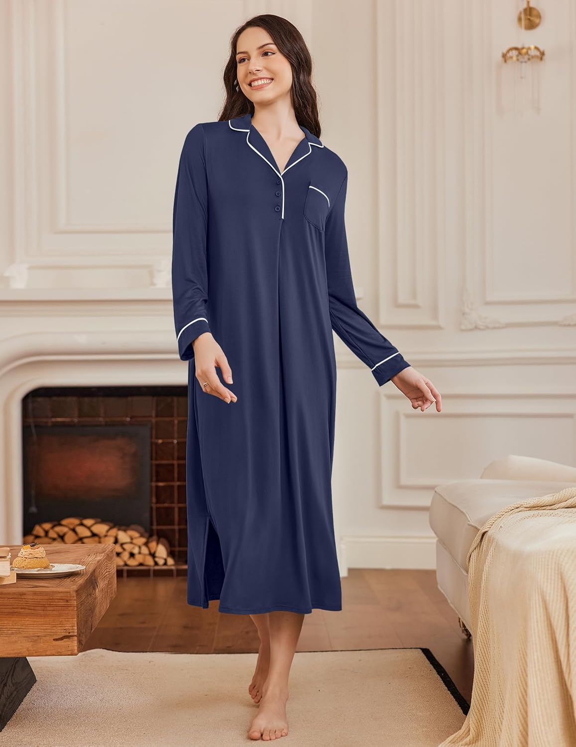Soft Sleepwear long button V-neck nightgown in navy blue with white piping, long sleeves