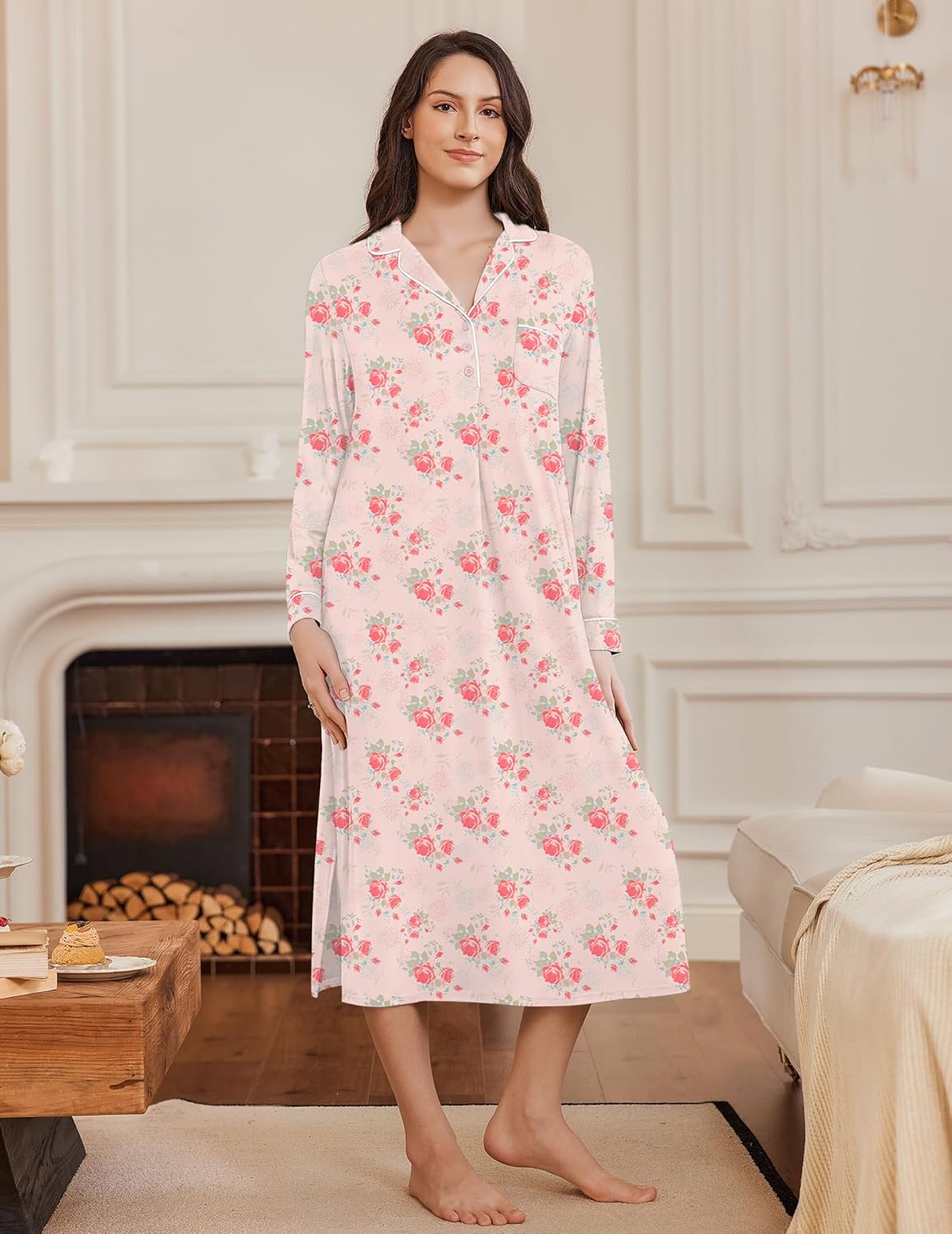 Pink floral V-neck button nightgown with long sleeves and straight hem