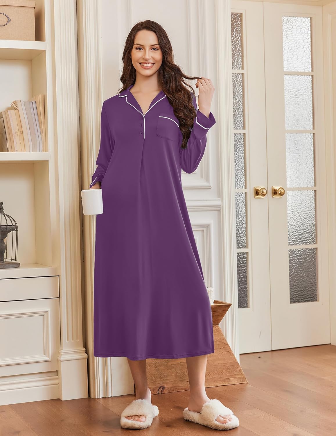 Long button V-neck nightgown, purple, long sleeves with white trim