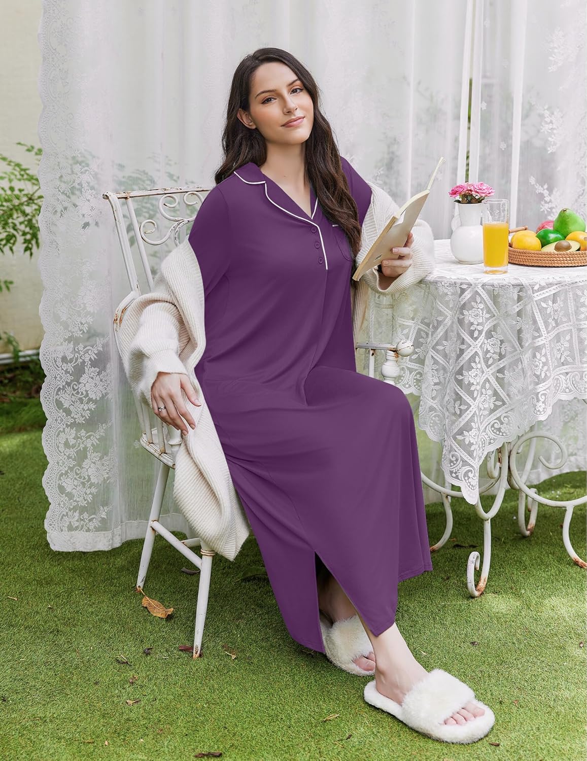 Long button V-neck nightgown, purple, front view with contrast trim