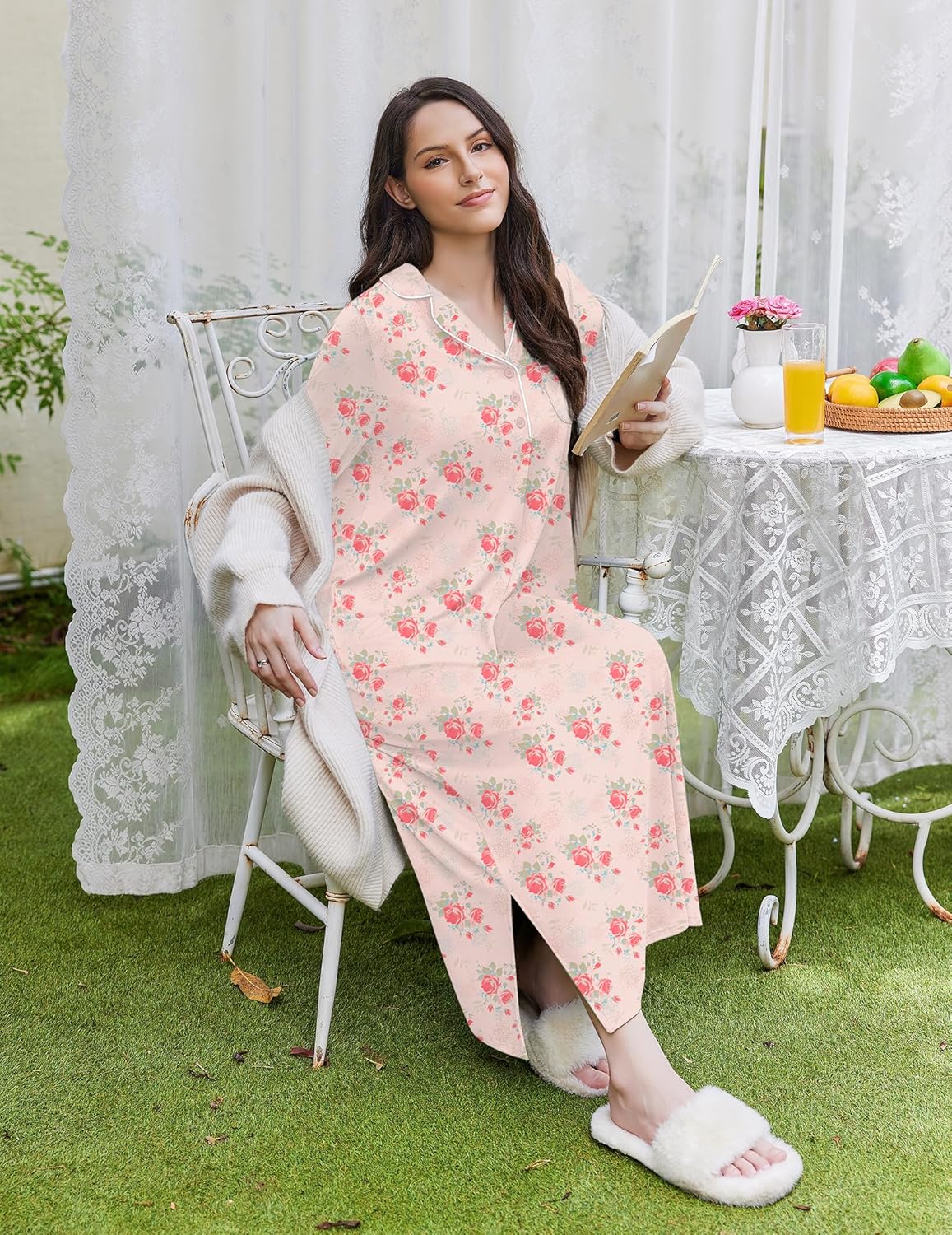 Pink floral button-front V-neck long nightgown with long sleeves