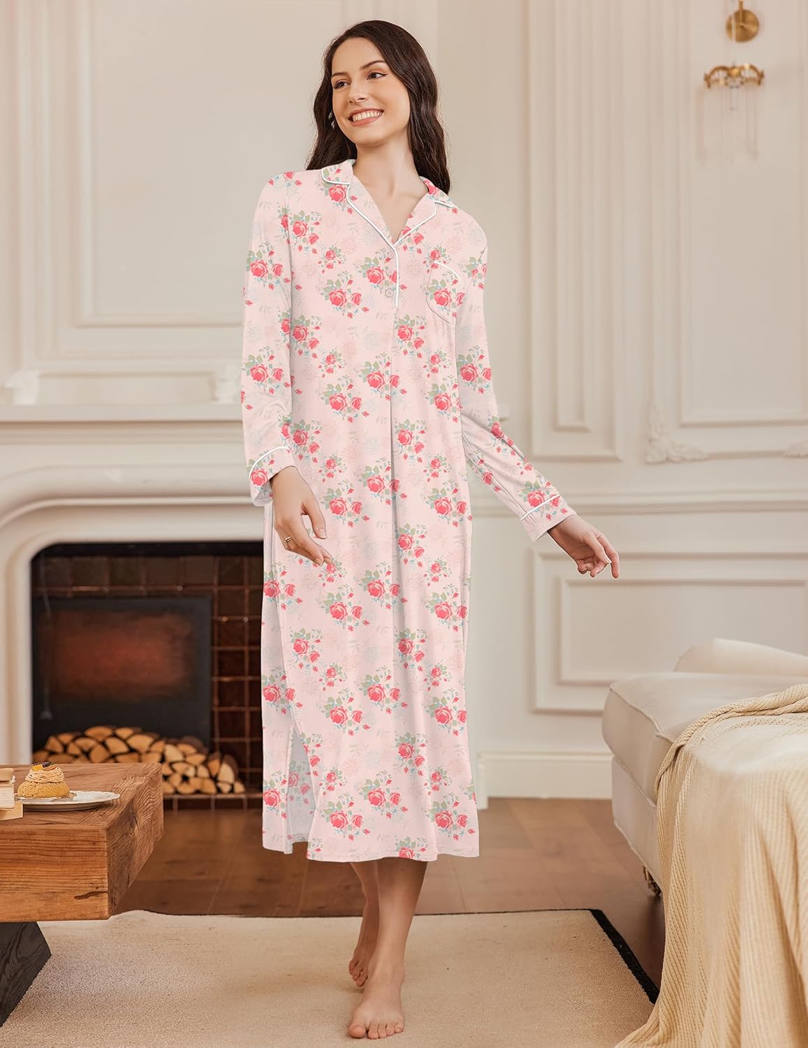Pink floral button-down V-neck nightgown with long sleeves and ankle-length