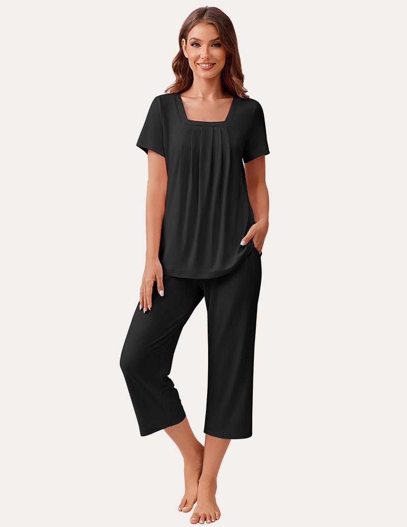 Black square-neck pajama set with short-sleeve top and cropped pants