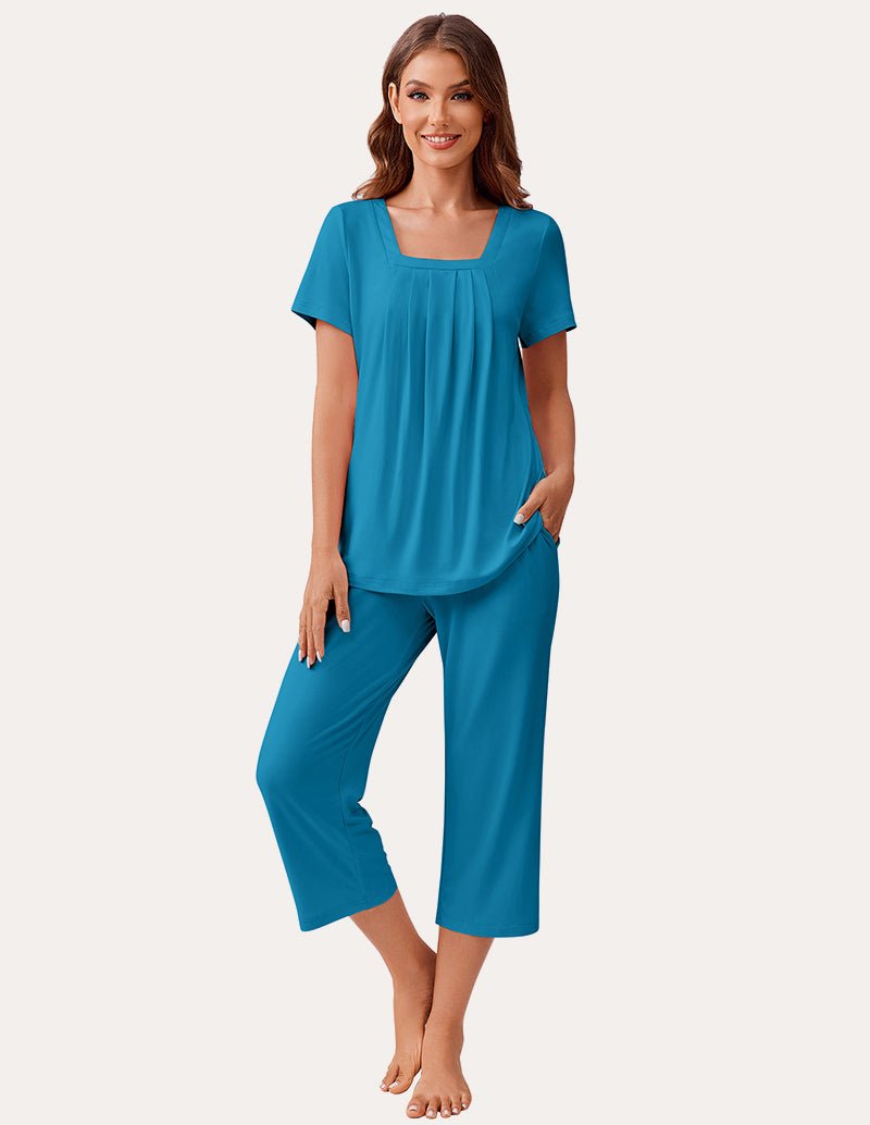 Teal blue square-neck pajama set with short-sleeve top and cropped capris