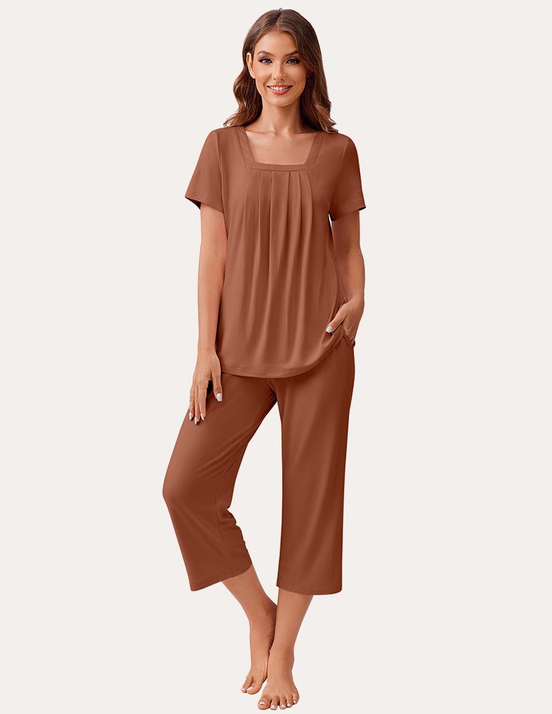 Brown square-neck pajama set with short sleeves and cropped capris