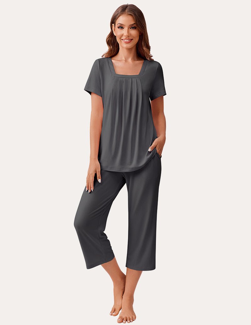 Dark gray square-neck pajama set with short sleeves and cropped capris