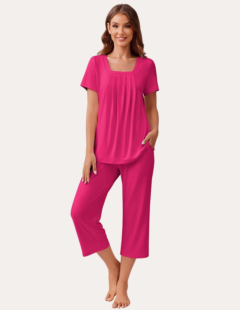 Soft square-neck pajama set in bright pink: short-sleeve top and cropped pants
